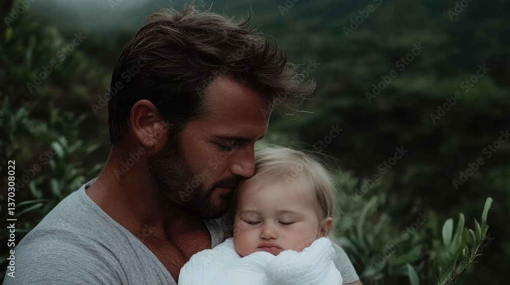 Father gently holding sleeping baby outdoors Father gently holding sleeping baby outdoors
