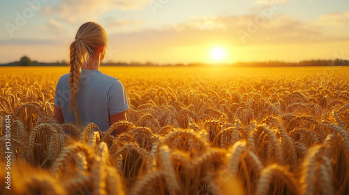 Woman with braided hair standing in golden wheat field at sunset, enjoying peaceful rural scenery. Concept of agriculture, nature connection, and sustainable farming