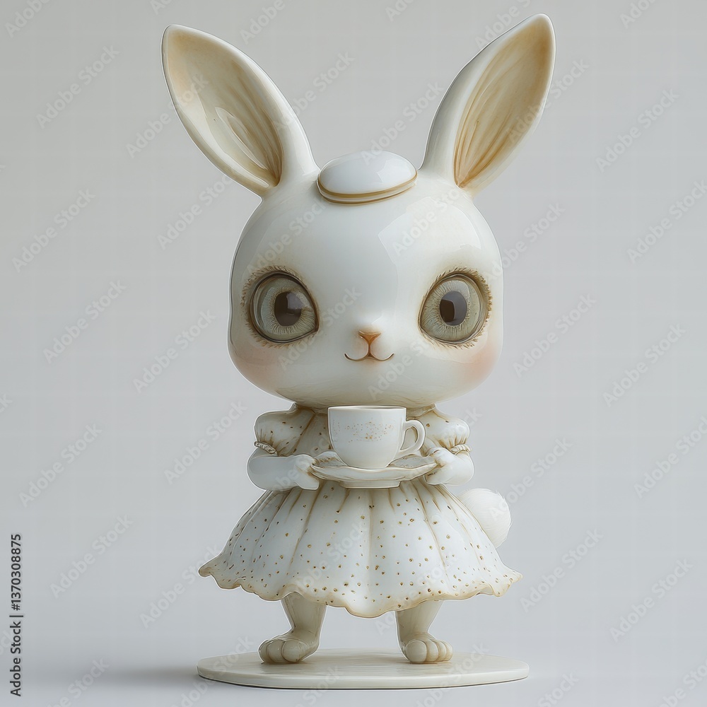 Obraz premium Whimsical Bunny Sculpture in Porcelain White with Teacup, Flame-Detail Design