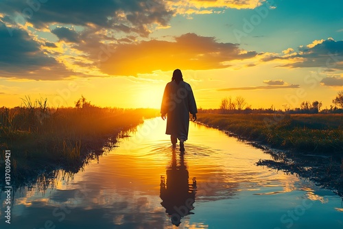 Jesus Walking on Water, Sunset, Field