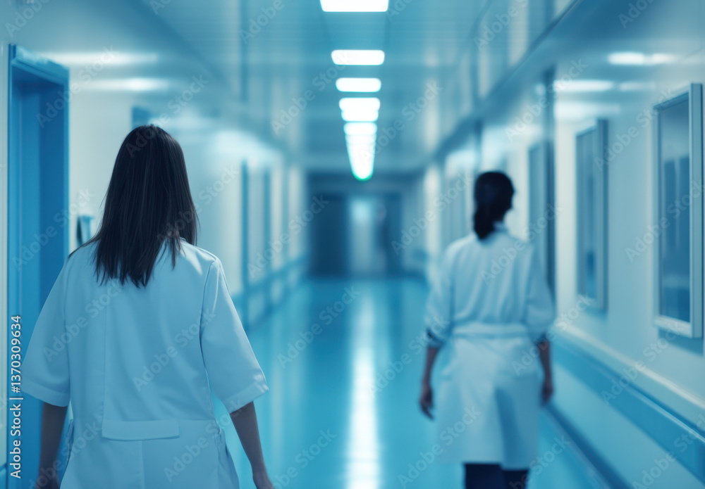 Two nurses are seen from behind as they walk down a well-lit hospital corridor. Their white uniforms contrast with the blue floor and walls, creating a serene atmosphere during their shift Two nurses are seen from behind as they walk down a well-lit hospital corridor. Their white uniforms contrast with the blue floor and walls, creating a serene atmosphere during their shift