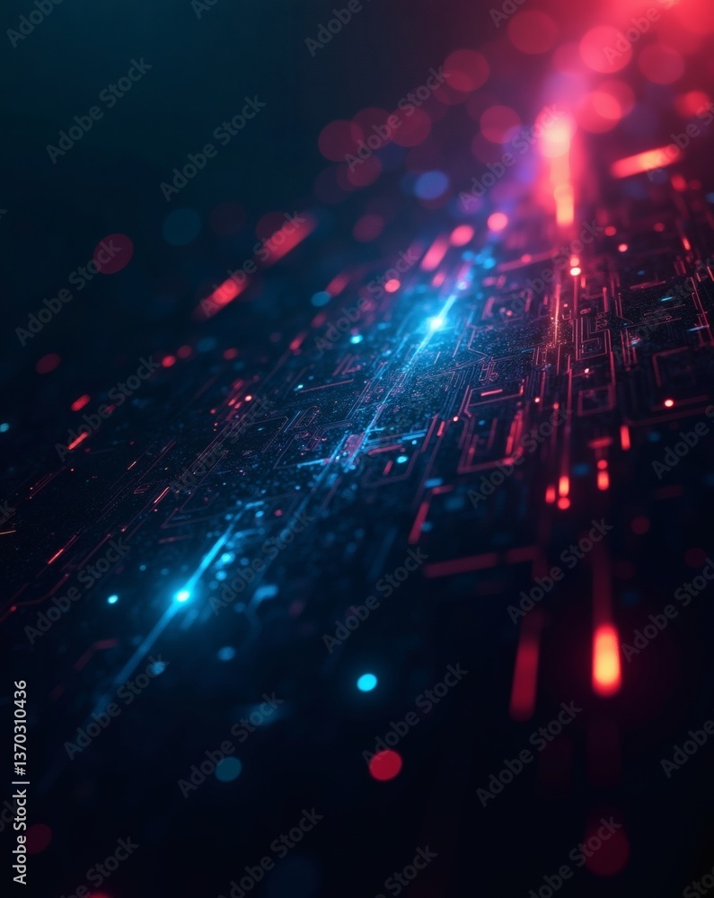 Fototapeta premium a digital abstract illustration of bright blue and red lights forming a complex network of lines and dots