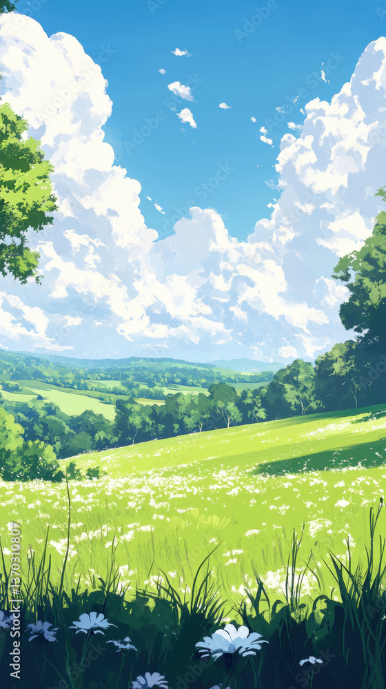 Fototapeta premium A serene landscape featuring a lush green field with white flowers under a bright blue sky dotted with fluffy clouds.
