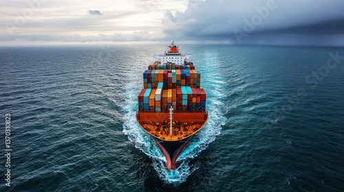 Large cargo vessel traversing the ocean under a cloudy sky