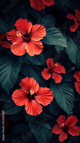 Wallpaper Mural A seamless pattern of dark red hibiscus flowers and leaves, on a deep navy background, with a vibrant color scheme, phone wallpaper Torontodigital.ca