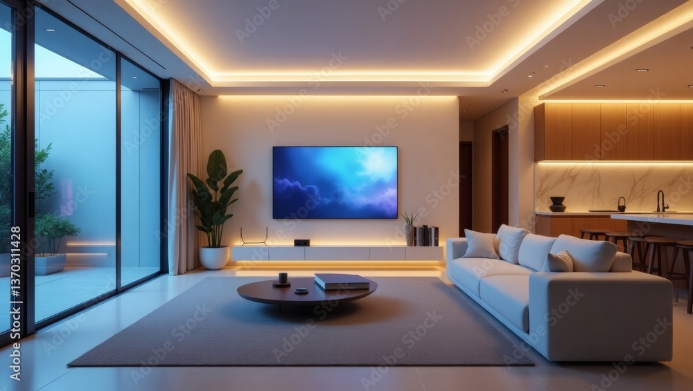 an interior of a modern living room with comfortable furniture, large windows, and stylish decor, creating a warm atmosphere. The room features a television, sofa, coffee table, and built-in lights. an interior of a modern living room with comfortable furniture, large windows, and stylish decor, creating a warm atmosphere. The room features a television, sofa, coffee table, and built-in lights.