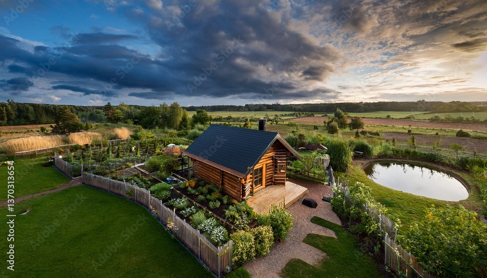 Fototapeta premium Cozy wooden house with a lush vegetable garden, a small pond, and a peaceful rural landscape under a dramatic sky