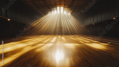 Illuminated Tunnel with Golden Dots Floor and Bright Light Rays Shining Through a Geometric Architecture Creating Depth and Perspective