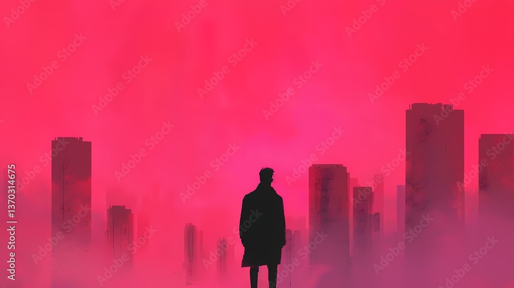 Silhouette of a man in a pink city, Man standing in a futuristic city at sunset Silhouette of a man in a pink city, Man standing in a futuristic city at sunset