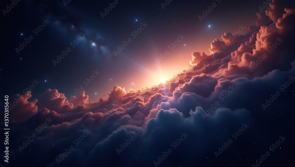 Naklejka premium A stunning celestial view. A breathtaking sky filled with clouds, stars, and the radiant light of a sunrise