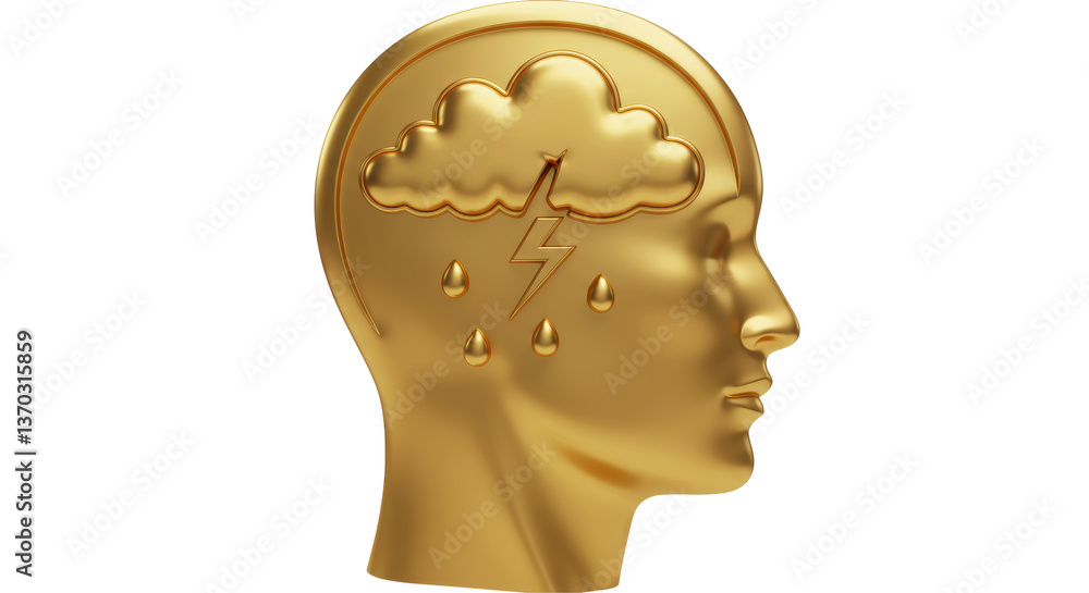 Isolated Head with Storm Cloud, Depression Symbol Isolated Head with Storm Cloud, Depression Symbol