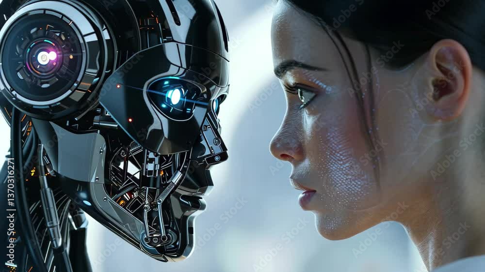 In a futuristic environment, a humanoid robot and a woman engage in a captivating gaze, highlighting the blend of human and artificial intelligence. In a futuristic environment, a humanoid robot and a woman engage in a captivating gaze, highlighting the blend of human and artificial intelligence.