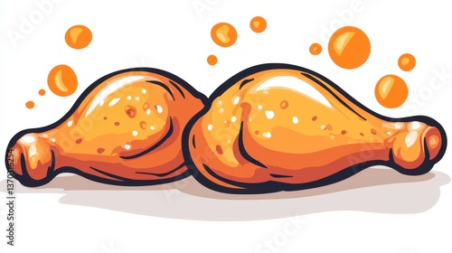 Two Cartoon Chicken Drumsticks with Orange Bubbles on a White Background, Ideal for Food and Restaurant Themes, Dietary Illustrations, or Culinary Designs