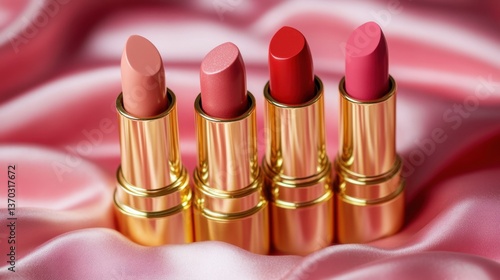 A set of creamy lipsticks in elegant gold packaging, beautifully arranged on a pink satin surface