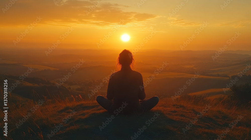 Meditating on Grassy Hill During Sunset: A Serene Scene of Rolling Hills, Golden Light, and a Partly Cloudy Sky Capturing Tranquility in Nature. Meditating on Grassy Hill During Sunset: A Serene Scene of Rolling Hills, Golden Light, and a Partly Cloudy Sky Capturing Tranquility in Nature.