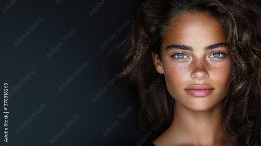 Close-up portrait of a young woman with striking features. Natural beauty, healthy glow, and expressive eyes. Long, wavy hair framing face Close-up portrait of a young woman with striking features. Natural beauty, healthy glow, and expressive eyes. Long, wavy hair framing face