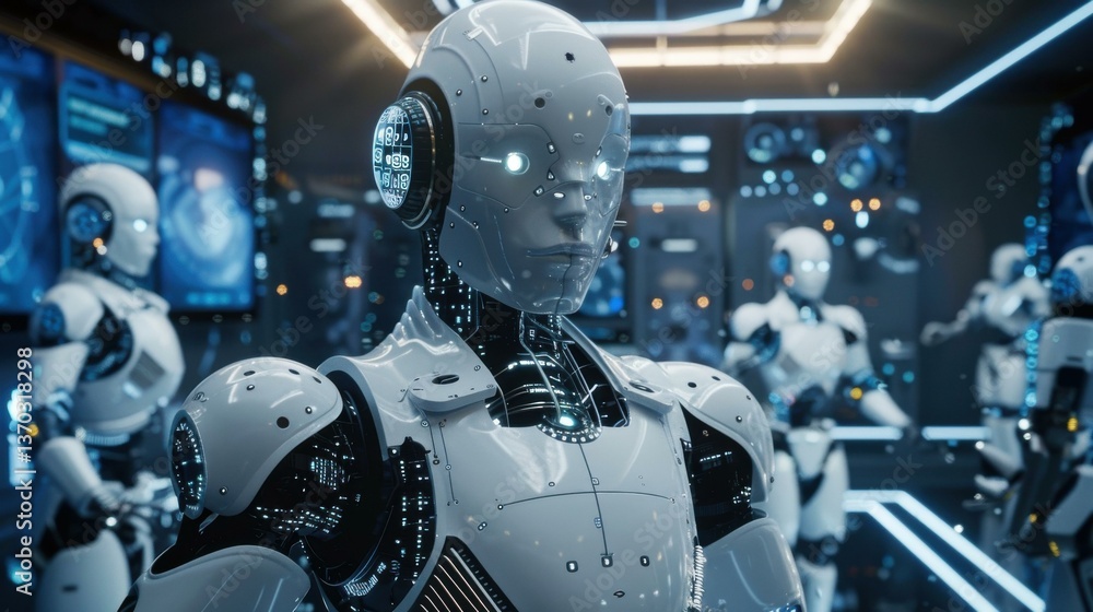 Fototapeta premium Futuristic humanoid robot in high-tech control room with advanced technology, glowing eyes, and other white robots in the background.