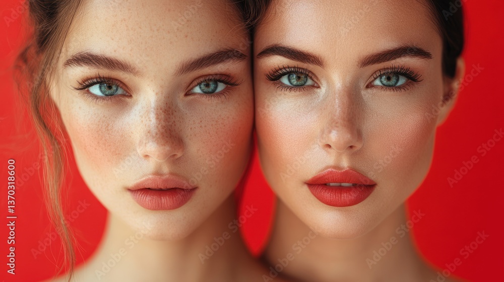 Stunning Portrait of Two Women with Freckles Against a Vibrant Red Background Stunning Portrait of Two Women with Freckles Against a Vibrant Red Background