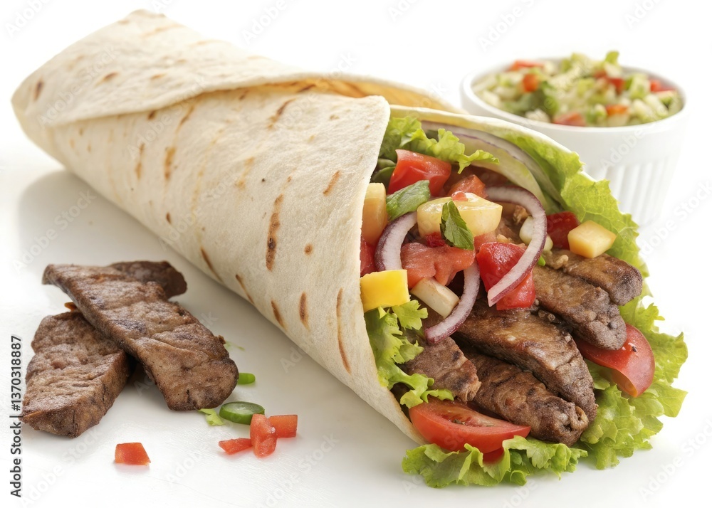 A fresh chicken wrap with Mexican cuisine flair, featuring lettuce, tomato, and cheese within a tortilla A fresh chicken wrap with Mexican cuisine flair, featuring lettuce, tomato, and cheese within a tortilla