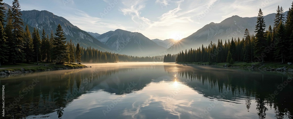 Naklejka premium A serene mountain lake at sunrise, surrounded by pine trees, with soft golden sunlight reflecting off the water