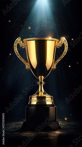 Wallpaper Mural Shining golden trophy cup on dark pedestal illuminated by spotlight celebrating achievement in sports Torontodigital.ca