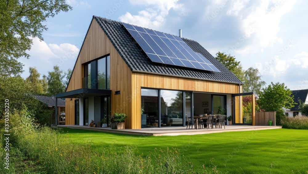 Light Wood Clad Modern House with Solar Panels on a Sunny Day with Blue Sky and Green Grass Yard View Light Wood Clad Modern House with Solar Panels on a Sunny Day with Blue Sky and Green Grass Yard View