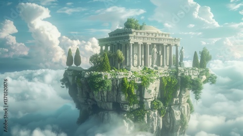 Ancient Greek temple perched atop a floating island amid ethereal clouds and sky, enhanced with statues, trees, and lush green foliage