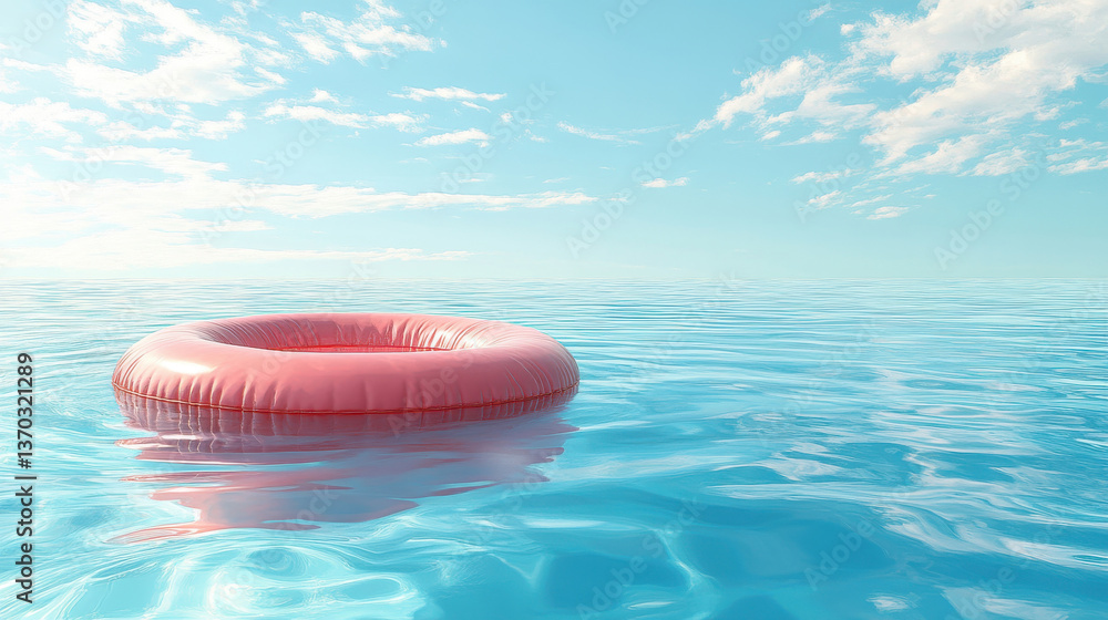 Obraz premium Serene Red Inflatable Ring on Calm Water: A Vibrant Floating Ring on Clear Blue Water, Under a Bright Sky with Fluffy Clouds Reflecting Below.