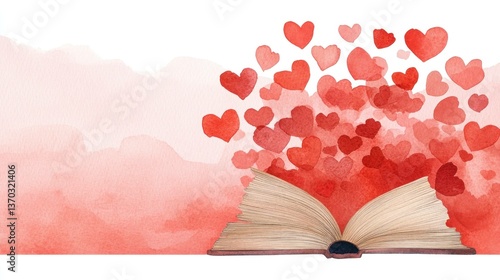 Open book with floating red hearts, symbolizing love and romance in a warm, vibrant watercolor style Ideal for Valentine s Day or heartfelt messages