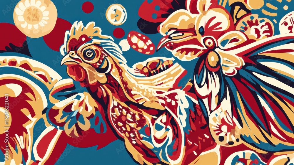 Obraz premium Vibrant Artistic Depiction of Colorful Chickens in a Whimsical Style with Bold Patterns and Textures, Showcasing Nature's Beauty and Farm Life Elements