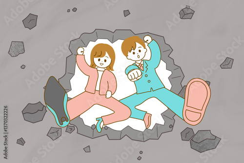 壁をキックで突き破ってこちらに向かってくるスーツの男女のイラスト　壁を破るイメージイラスト