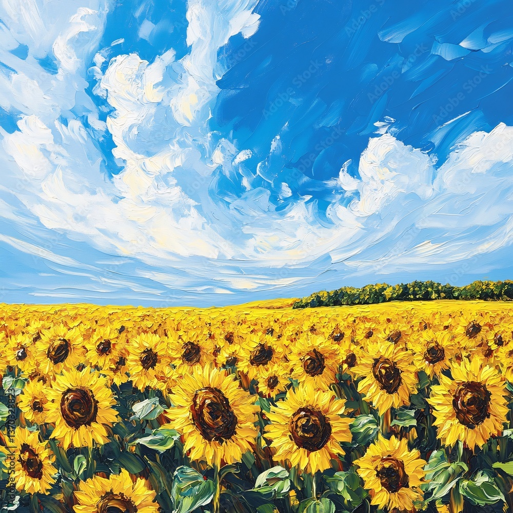 Obraz premium Lush golden sunflowers dancing in the breeze under clear skies