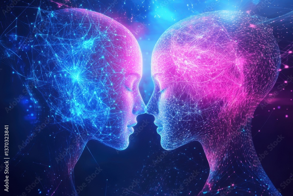 Two human-like figures connect through vibrant energy in a cosmic backdrop Two human-like figures connect through vibrant energy in a cosmic backdrop
