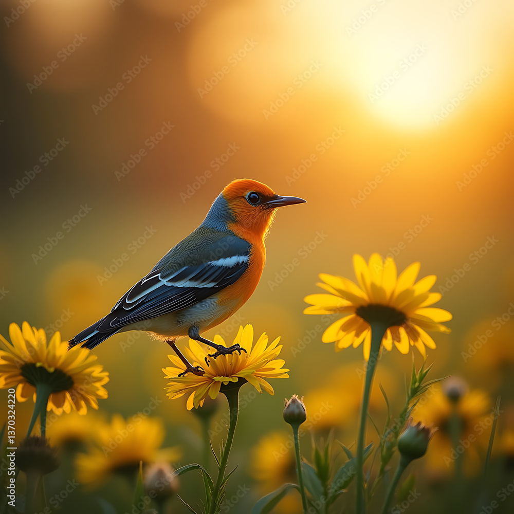 Obraz premium Vibrant Songbird Amid Golden Wildflowers at Sunset – Serene Wildlife Moment Capturing Springtime Beauty and Nature’s Golden Hour Glow