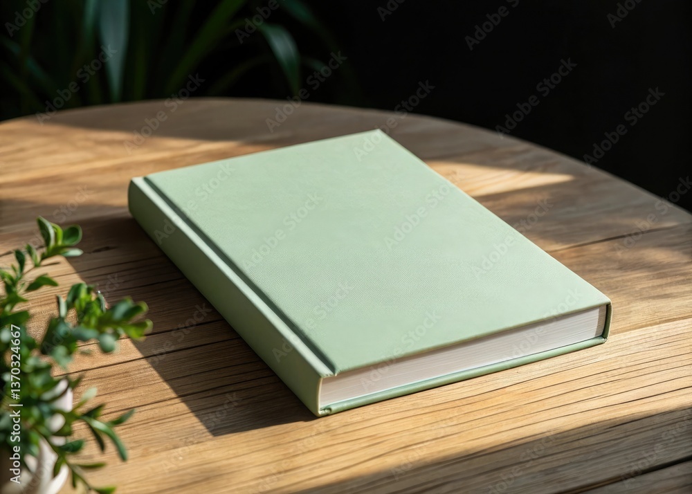 Mint Green Hardcover Book Mockup on Wooden Table with Tropical Leaves Mint Green Hardcover Book Mockup on Wooden Table with Tropical Leaves