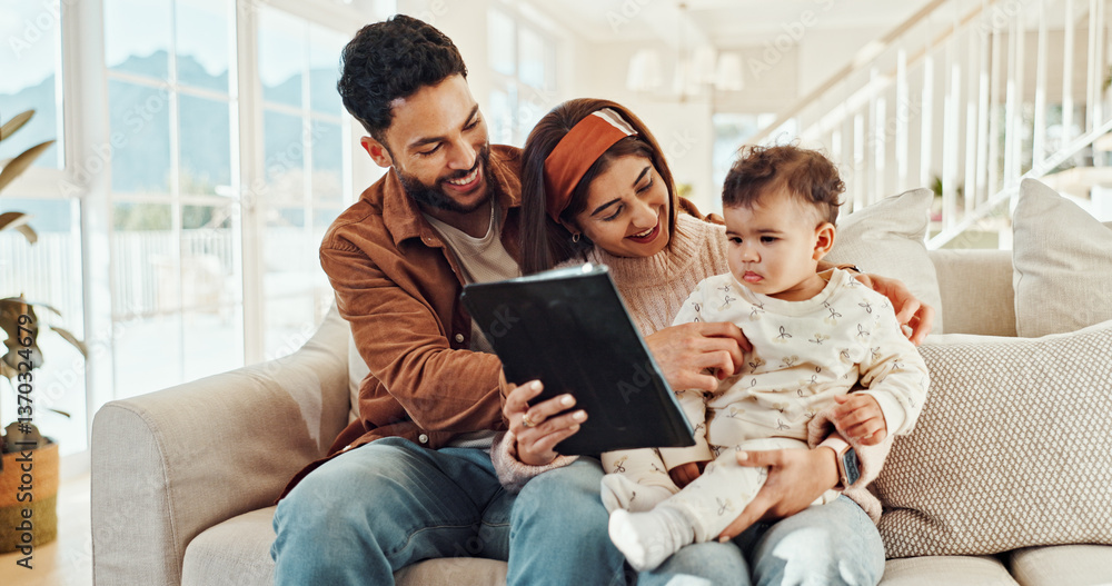Parents, baby and tablet on sofa, happy and care with video, cartoon and streaming in living room at house. Man, woman and infant with digital touchscreen, app or subscription on couch at family home Parents, baby and tablet on sofa, happy and care with video, cartoon and streaming in living room at house. Man, woman and infant with digital touchscreen, app or subscription on couch at family home