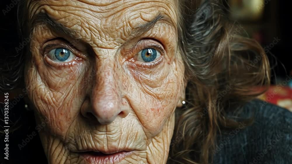Unique portrait of an elderly woman with striking blue eyes and deeply etched features conveying a lifetime of emotions and stories Unique portrait of an elderly woman with striking blue eyes and deeply etched features conveying a lifetime of emotions and stories