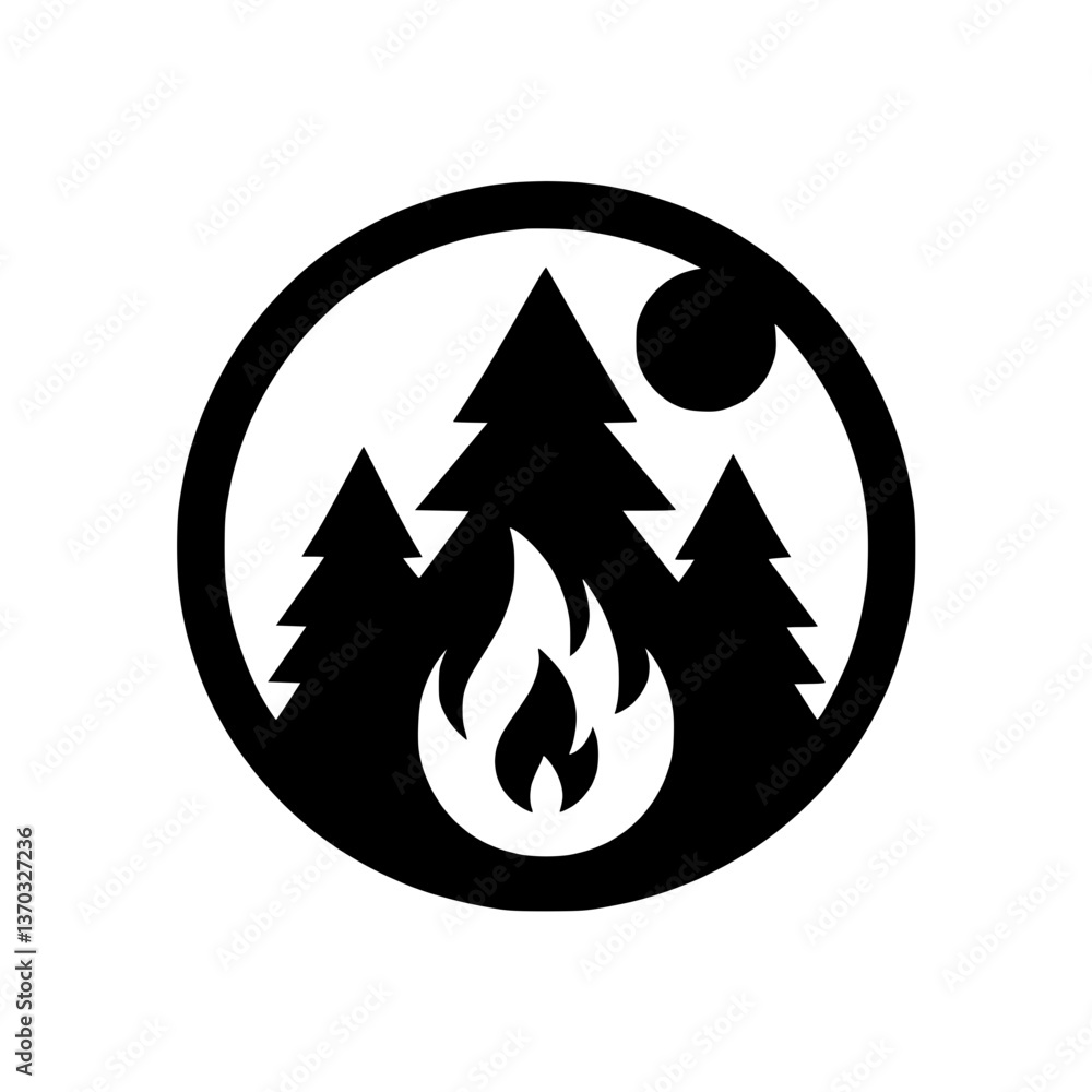 Monochrome forest fire icon featuring trees and flames on the background Monochrome forest fire icon featuring trees and flames on the background