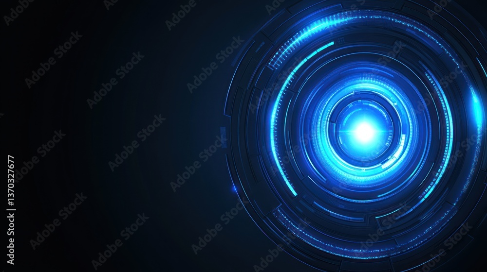 Futuristic blue circular design with glowing light in the center, abstract tech. Futuristic blue circular design with glowing light in the center, abstract tech.