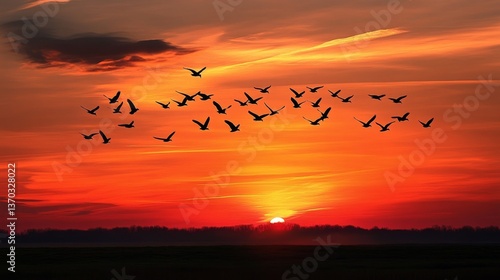 A flock of migrating birds silhouetted against a fiery sunset sky, flying in perfect formation over a wide open field or marshland