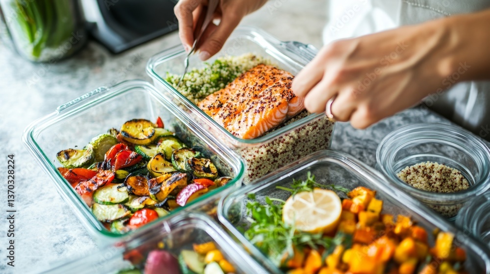 A person arranging individual portions of cooked quinoa, roasted vegetables, and grilled salmon into glass food storage containers for easy, healthy meals A person arranging individual portions of cooked quinoa, roasted vegetables, and grilled salmon into glass food storage containers for easy, healthy meals