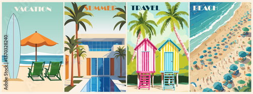 Summer posters in retro style with beach scenes, pool, villa, bungalows. Vector art illustrations