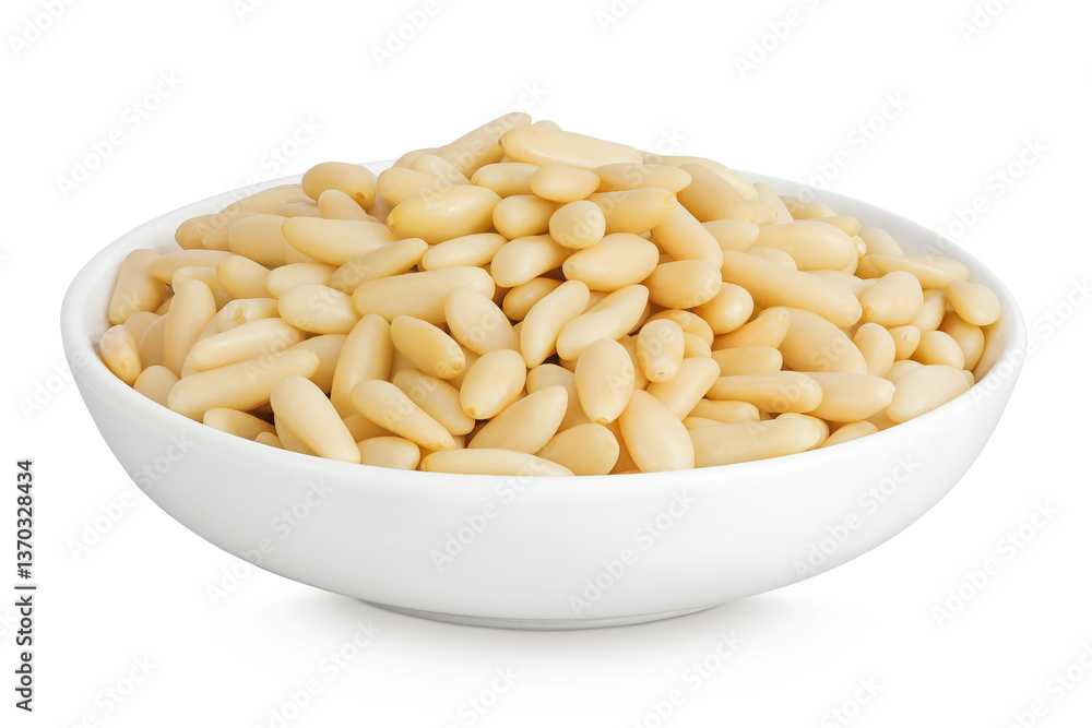 Shelled European pine nuts in ceramic bowl isolated on white background with full depth of field Shelled European pine nuts in ceramic bowl isolated on white background with full depth of field