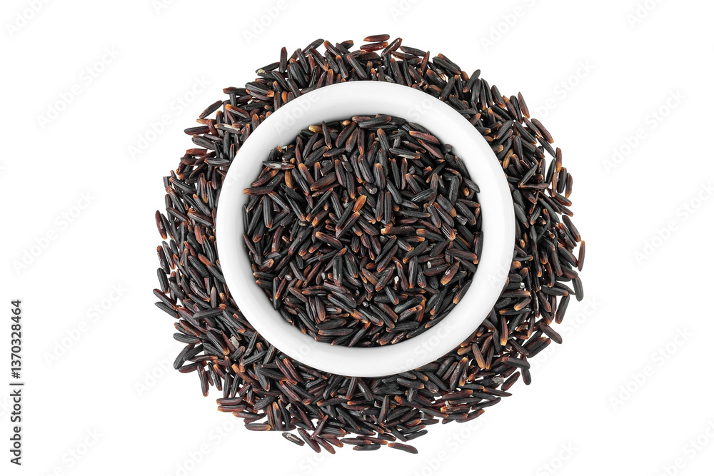 Black wild rice in ceramic bowl isolated on white background close up. Top view. Flat lay Black wild rice in ceramic bowl isolated on white background close up. Top view. Flat lay