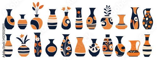 Set of different vases for flowers. Modern handmade pottery, clay crockery of various sizes, shapes. Home decoration objects. Vector stylized illustrations isolated