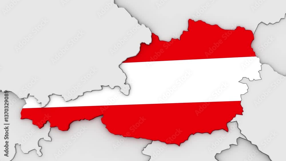 3d rendered animation of Austria on the Europe map with their national flag