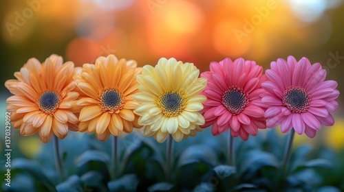Vibrant Gerbera Daisies in a Row, Blooming in Sunset Hues