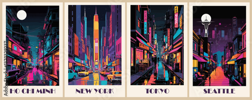 Set of Travel Destination Posters in retro style. Ho Chi Minh, Seattle, New York, Tokyo night cityscape prints. Exotic summer vacation, holidays concept. Vintage vector colorful illustrations.