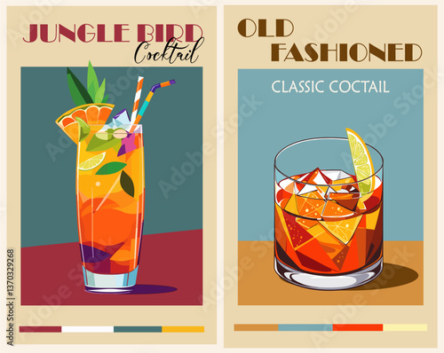Cocktails retro poster set. Jungle bird, Old Fashioned. Collection of popular alcohol drinks. Vintage style vector illustrations, bar, pub, restaurant, kitchen wall art print