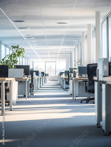 Spacious and empty modern office with rows of desks and computers, illuminated by natural light from large windows, clean minimalist business environment, AI generated interior design concept.Vertical